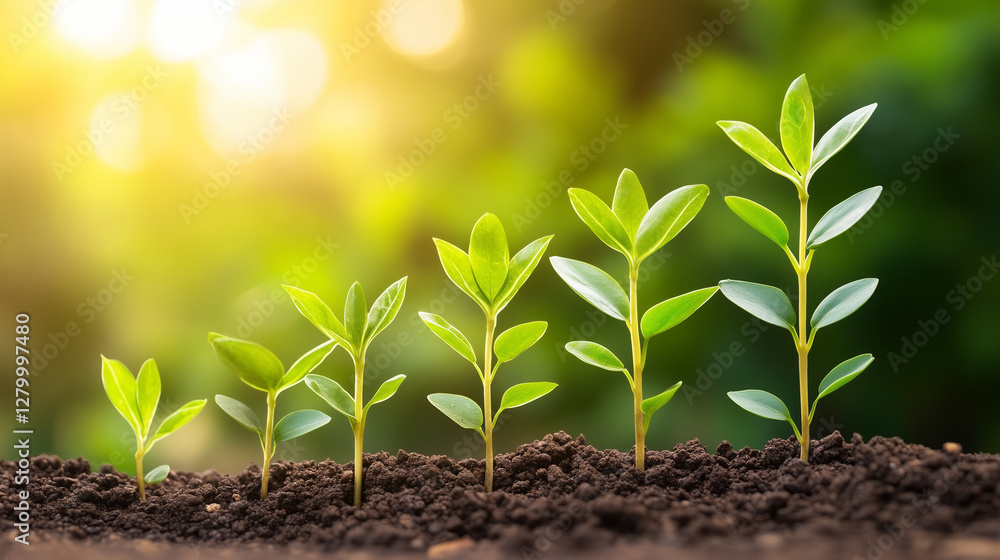Growth Journey of Saplings: A visually captivating image showcasing the stages of growth of saplings, symbolizing progress and development, set against a sunlit, natural backdrop.