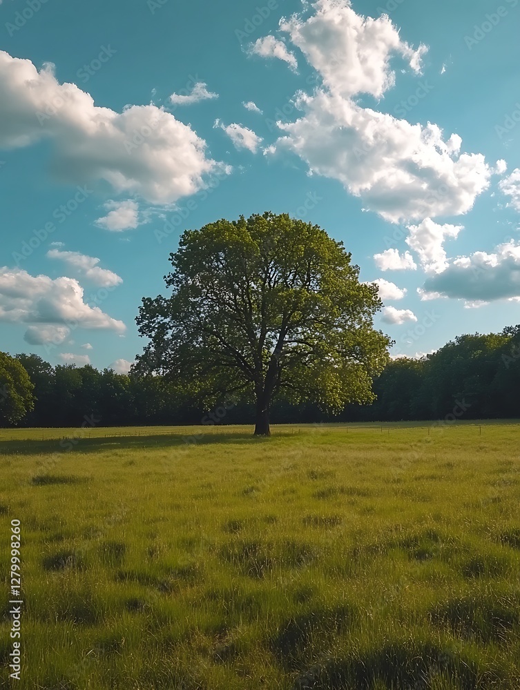 Fototapeta premium Solitary tree field blue sky