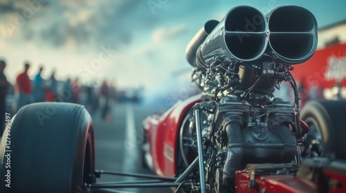 Drag racing car revving its engine at the start line. Featuring anticipation and focus
