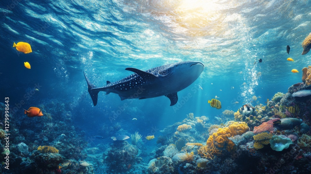 Fototapeta premium Whale Shark Swimming in Vibrant Coral Reef Underwater