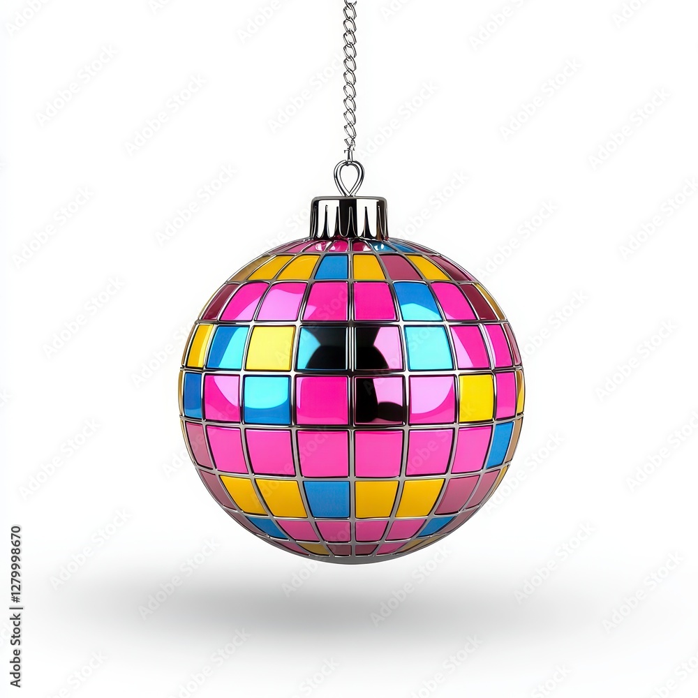 Obraz premium Shiny Disco Ball Christmas Ornament with Pink Blue and Yellow Tiles on White