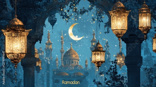Ramadan night, illuminated mosque, crescent moon, glowing lanterns, archway, starry night sky.