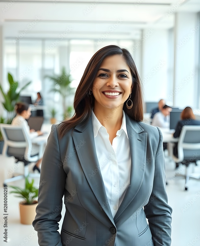 Mujer hispana en traje sonriendo en un espacio de oficinas moderno. Los empleados están trabajando en la oficina Mujer hispana en traje sonriendo en un espacio de oficinas moderno. Los empleados están trabajando en la oficina
