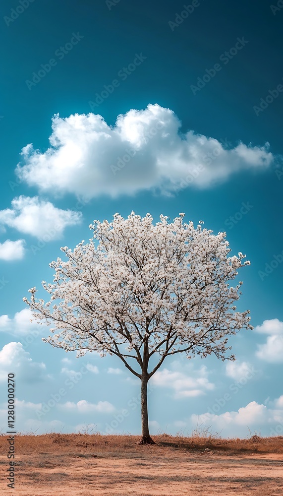 Solitary tree in bloom, sunny sky, open field Solitary tree in bloom, sunny sky, open field