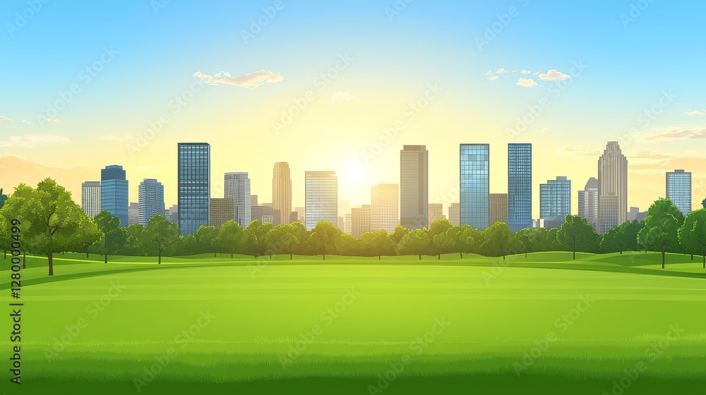 Obraz premium Serene cityscape backdrop vibrant green park foreground sunny skyline perfect for virtual meetings presentations and design templates