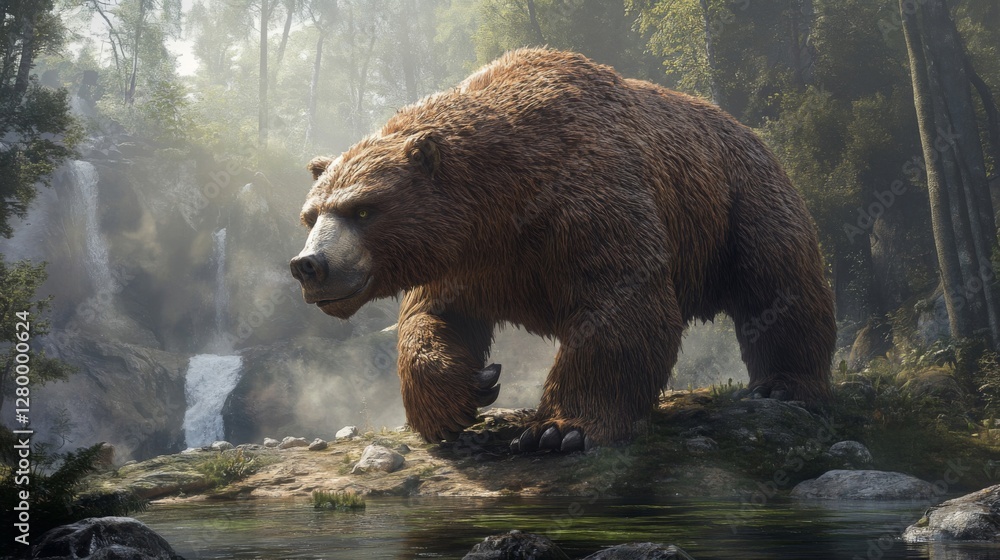Obraz premium Large Brown Bear Walking by Waterfall in Misty Forest