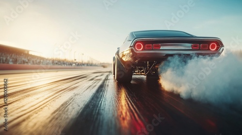 Drag racing car revving up at the start line. Featuring energy and anticipation