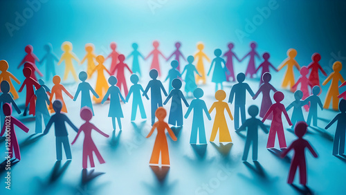 Paper craft of colorful crowd embracing diversity in abstract blue background