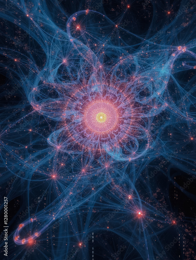 Abstract cosmic fractal pattern with vibrant neon colors and starry nebula background Abstract cosmic fractal pattern with vibrant neon colors and starry nebula background