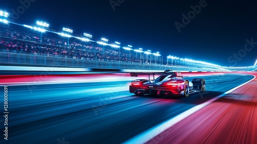 Drag racing car revving up on a futuristic racetrack at night. Featuring technology and speed