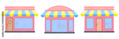 Charming vector storefronts with pastel awnings and open signage