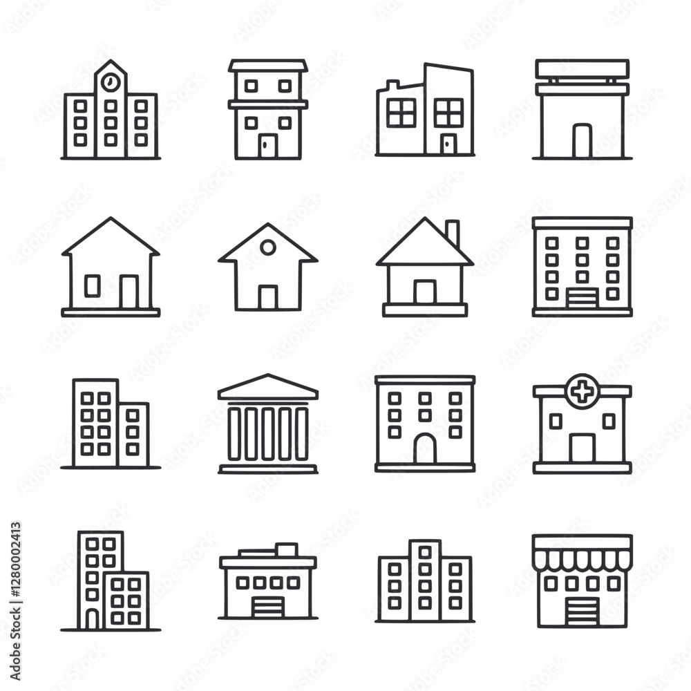 A set of buildings and a bank A set of buildings and a bank