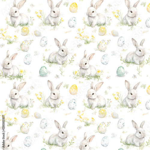 Watercolor Easter Bunny Seamless Pattern with Eggs and Flowers