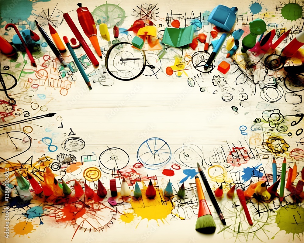 Colorful creative sketches on a wooden surface Colorful creative sketches on a wooden surface