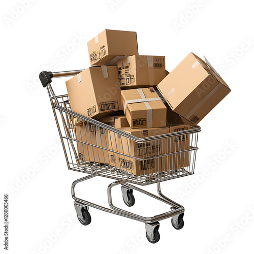 Shopping Cart Filled with Various Sized Cardboard Boxes for Shipping and Storage.