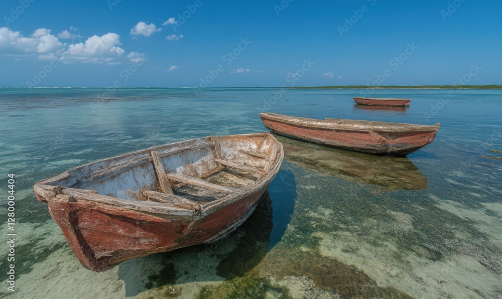 Weathered Wooden Boats in Calm Turquoise Water Under a Sunny Sky Weathered Wooden Boats in Calm Turquoise Water Under a Sunny Sky