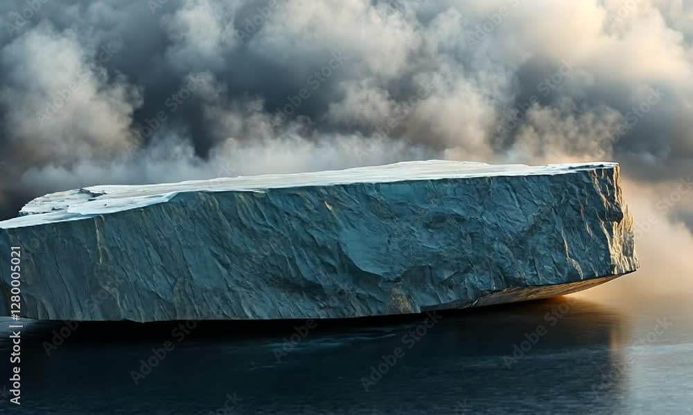 A large, flat iceberg floating in a serene ocean with dramatic clouds in the background