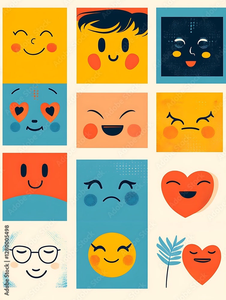 Colorful Emojis in Square Grid, Various Expressions, Modern Design, Background with Tropical Leaf Colorful Emojis in Square Grid, Various Expressions, Modern Design, Background with Tropical Leaf