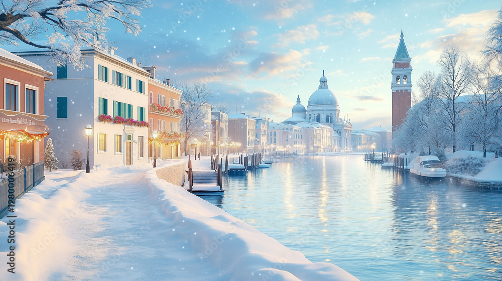 Obraz premium Snow-covered Venice with festive lights and winter atmosphere