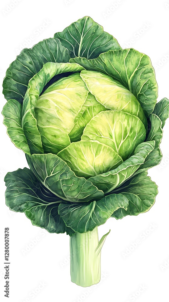 Fototapeta premium Detailed illustration of a fresh green cabbage, isolated on white background