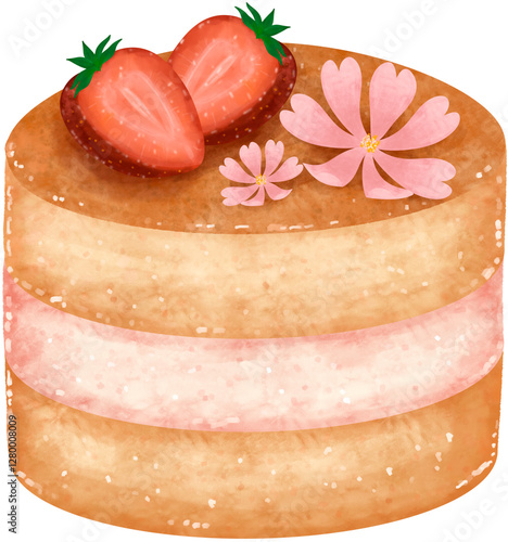 cake strawberry on top with pink flower