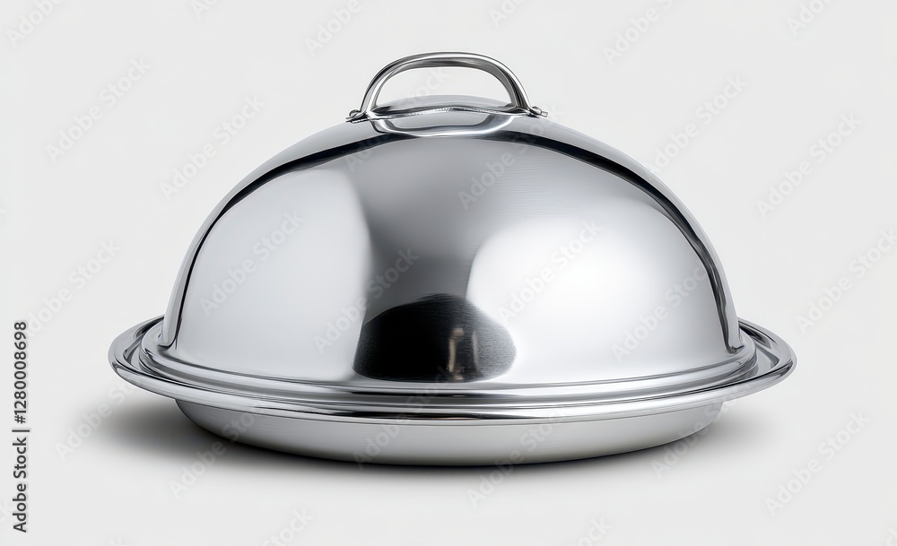 Metallic Serving Dome with Lid on Gray Background in Studio Shot Metallic Serving Dome with Lid on Gray Background in Studio Shot