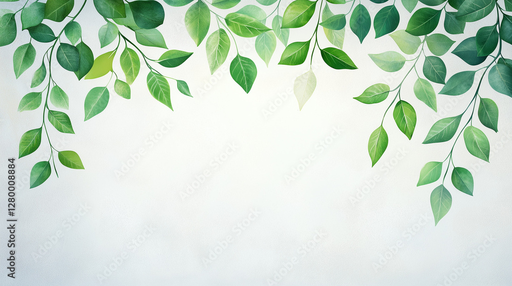 Obraz premium Hanging green leaves on a soft white background