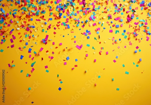 Colorful confetti scattered on a bright yellow background celebrating joy, happiness, festivities, events, and special occasions in a vibrant atmosphere