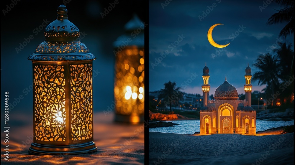 Illuminated lanterns, Ramadan mosque, beachfront oasis, tranquil night Illuminated lanterns, Ramadan mosque, beachfront oasis, tranquil night