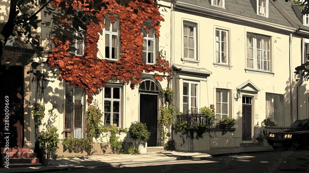 Fototapeta premium Quaint ivy-clad house facade capturing timeless charm of traditional british architecture in the village of the Cotswolds england