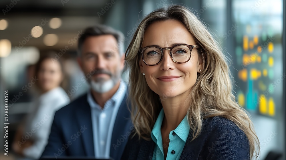 Confident businesswoman in office with colleagues Confident businesswoman in office with colleagues