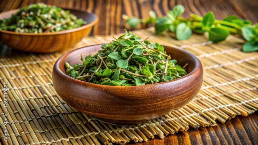 Fresh Brahmi and Bacopa Monnieri Leaves in Wooden Bowls Fresh Brahmi and Bacopa Monnieri Leaves in Wooden Bowls
