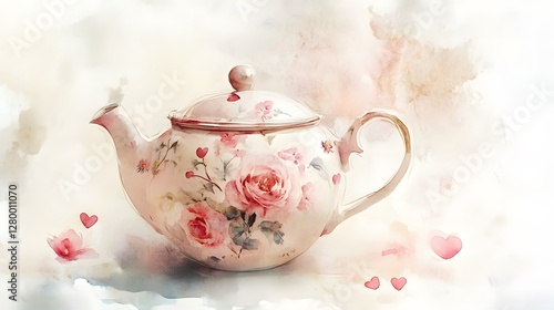 Elegant Floral Teapot Watercolor Painting Romantic Roses Design Vintage Tea Kettle