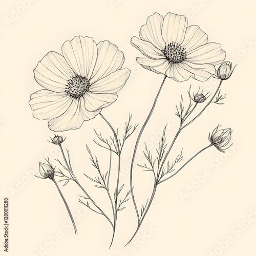 Wallpaper Mural Elegant Line Drawing of Cosmos Flowers Botanical Illustration Floral Art Black and White Ink Sketch Torontodigital.ca