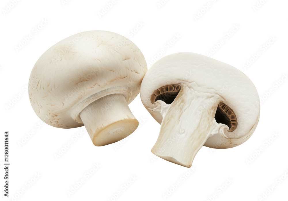 Two fresh mushrooms champignons, one whole and the other cut in half isolated on white background Two fresh mushrooms champignons, one whole and the other cut in half isolated on white background
