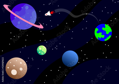 Rocket voyage exploring distant planets with cosmic stellar environment