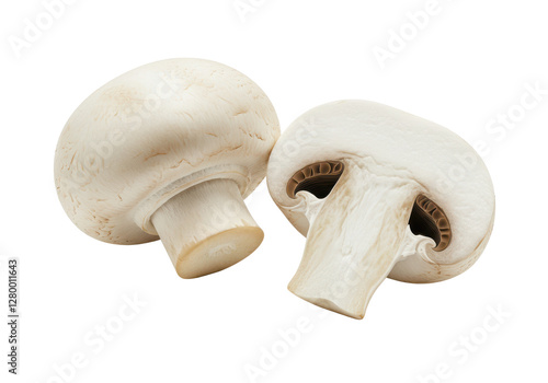 Two fresh mushrooms champignons, one whole and the other cut in half isolated on white background