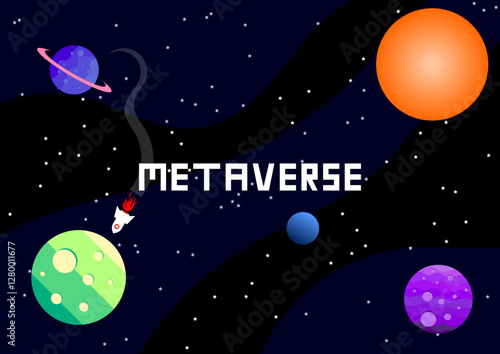 Exploring the metaverse universe with colorful planets and a rocket