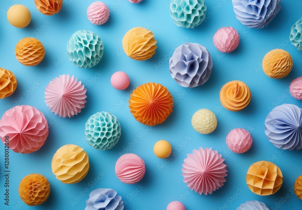 Obraz premium Colorful Decorative Paper Honeycomb Balls and Pom Poms Arranged on a Bright Blue Background for Festive Celebrations and Events