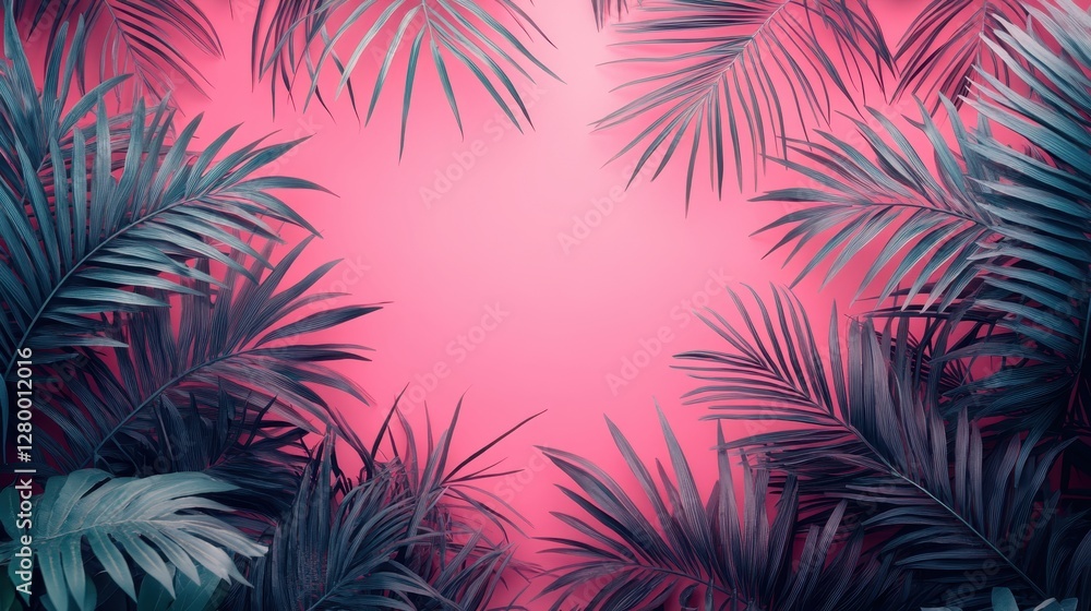 Dark teal palm leaves frame a pink backdrop. Perfect for summer, tropical, or vacation themes. Dark teal palm leaves frame a pink backdrop. Perfect for summer, tropical, or vacation themes.