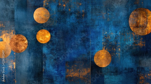 Contemporary digital artwork gold circles on blue background