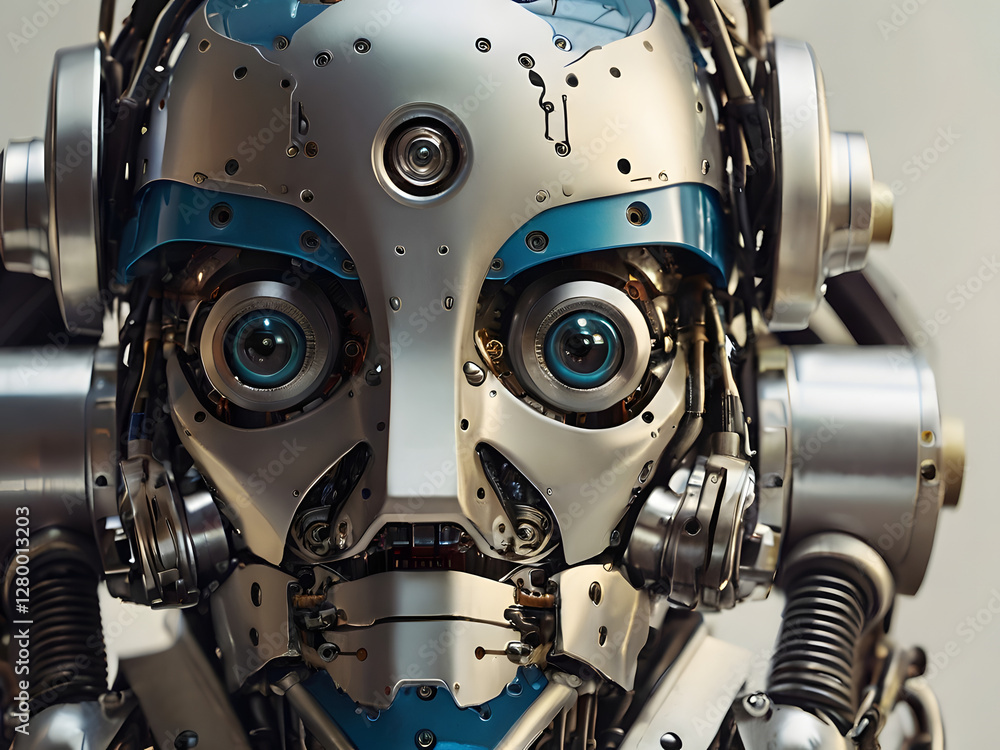 Fototapeta premium Cybernetic Gaze: A close-up portrait of a highly detailed robot's face, featuring intricate mechanical components, bright blue eyes, and a sense of artificial intelligence and futuristic technology.