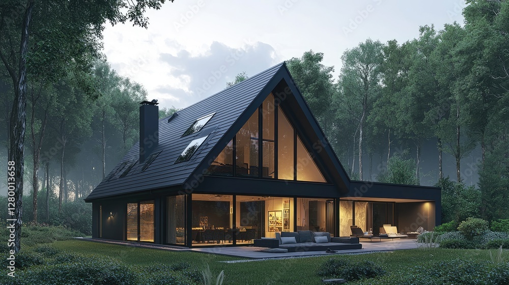 Modern Black House Surrounded by Trees at Twilight in Nature Modern Black House Surrounded by Trees at Twilight in Nature
