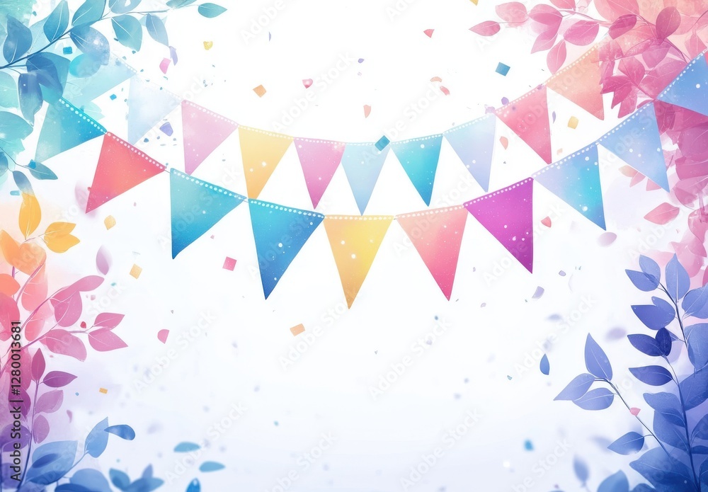 Colorful festive bunting with vibrant triangular flags surrounded by soft pastel leaves and confetti in a bright and cheerful background for celebrations Colorful festive bunting with vibrant triangular flags surrounded by soft pastel leaves and confetti in a bright and cheerful background for celebrations