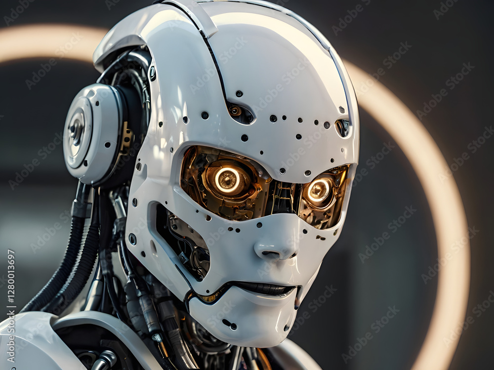 Fototapeta premium Humanoid Robot Portrait: A close-up portrait of a futuristic humanoid robot with gleaming white metallic skin and glowing yellow eyes.