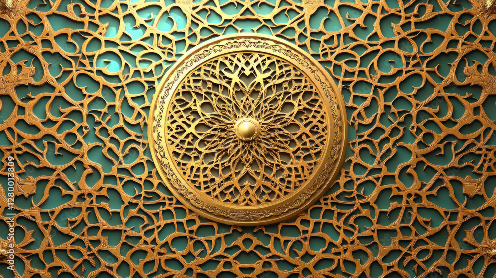 intricate gold arabesque design on teal background featuring islamic art pattern and ornate medallion with luxury wall decor and geometric filigree metalwork for elegant high-resolution texture intricate gold arabesque design on teal background featuring islamic art pattern and ornate medallion with luxury wall decor and geometric filigree metalwork for elegant high-resolution texture
