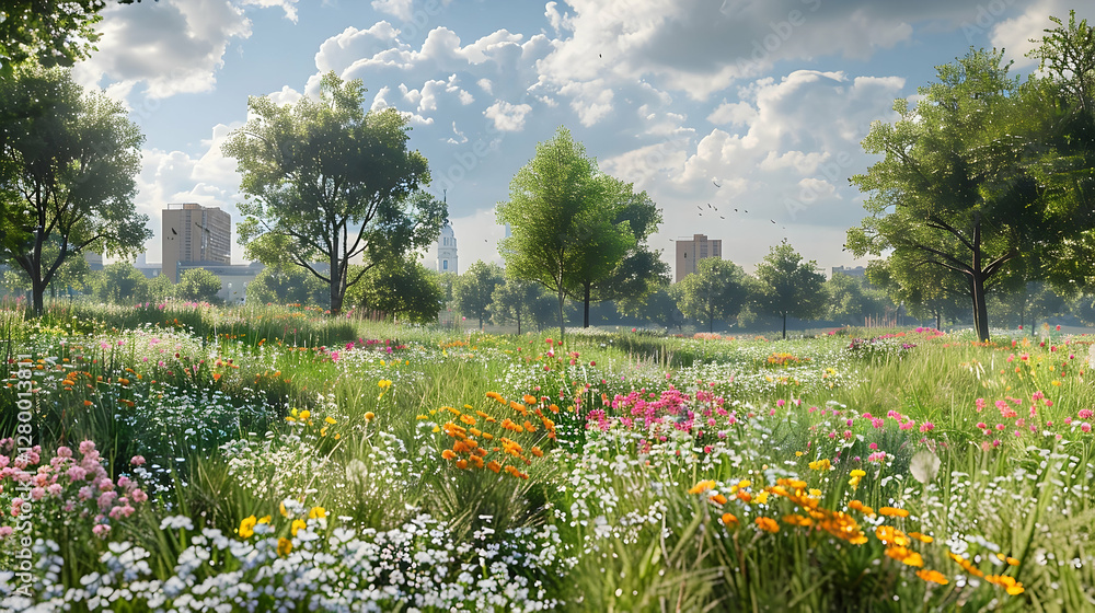 Obraz premium Scenic Meadow in Urban Park with Blooming Wildflowers and City Skyline