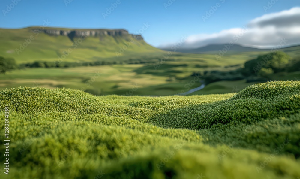 Green Meadow Landscape with Rolling Hills and Distant Mountains Under Cloudy Sky Green Meadow Landscape with Rolling Hills and Distant Mountains Under Cloudy Sky