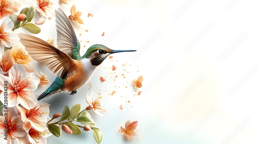 Naklejka premium Stunning close up photograph of a hummingbird gracefully hovering near a vibrant tropical flower against a lush rainforest backdrop