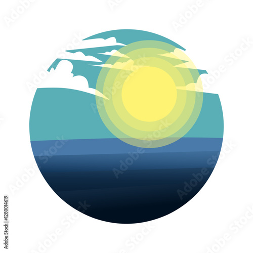 Stylized oceanic vista with a radiant sun in a circular presentation
